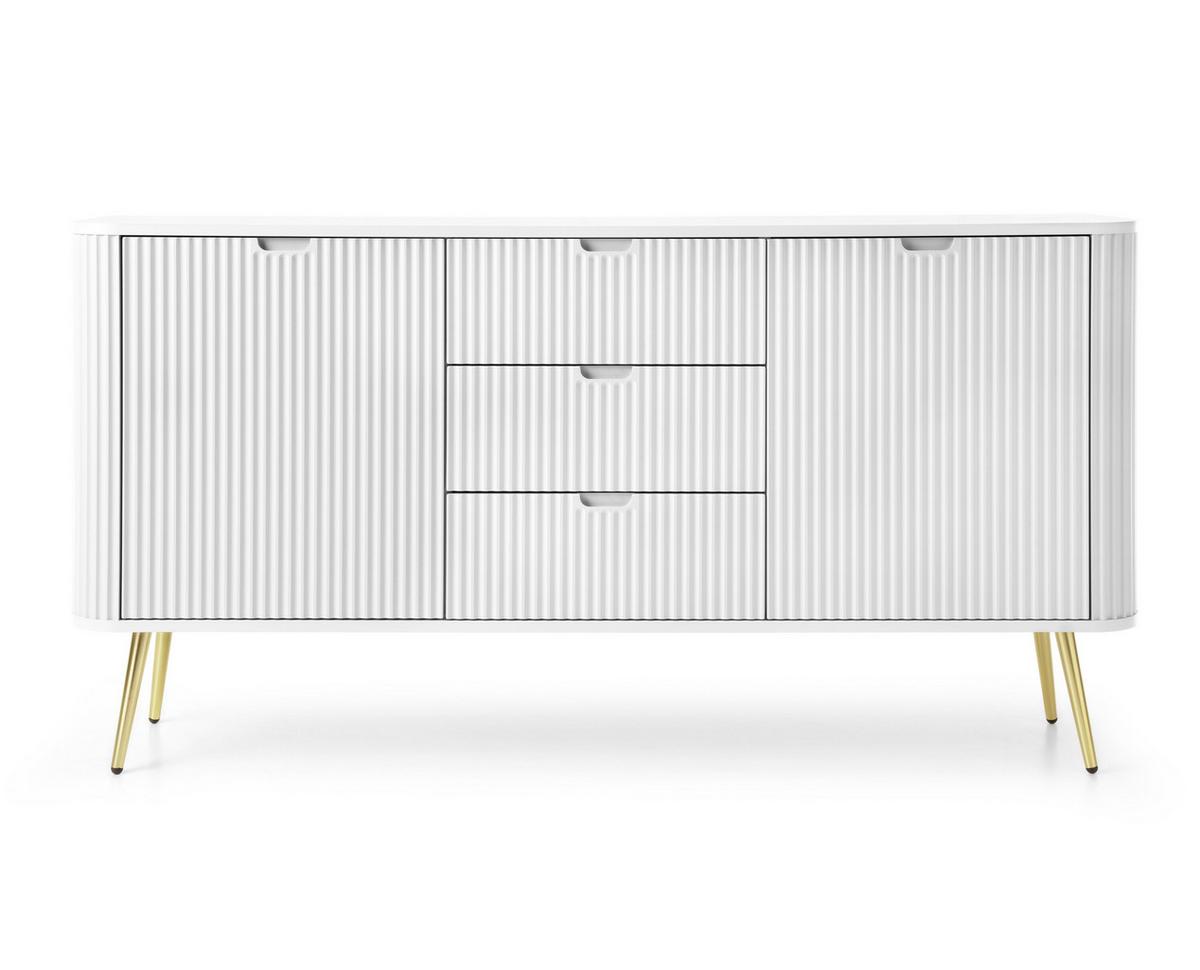 SIDEBOARD Salvia 2T 3S Weiß, Gold 168/87/39 cm – mit geriffelten Fronten und hohen Beinen - Goldfarben/Weiß, Holzwerkstoff/Metall (168/87/39cm) - AX Living