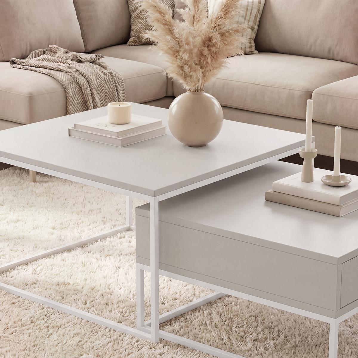 COUCHTISCH-SET ELEGANT 70/60 cm quadratischer, Weiß / Kaschmir - Kaschmir/Weiß, Holzwerkstoff/Metall (70/70/42cm) - Idohome