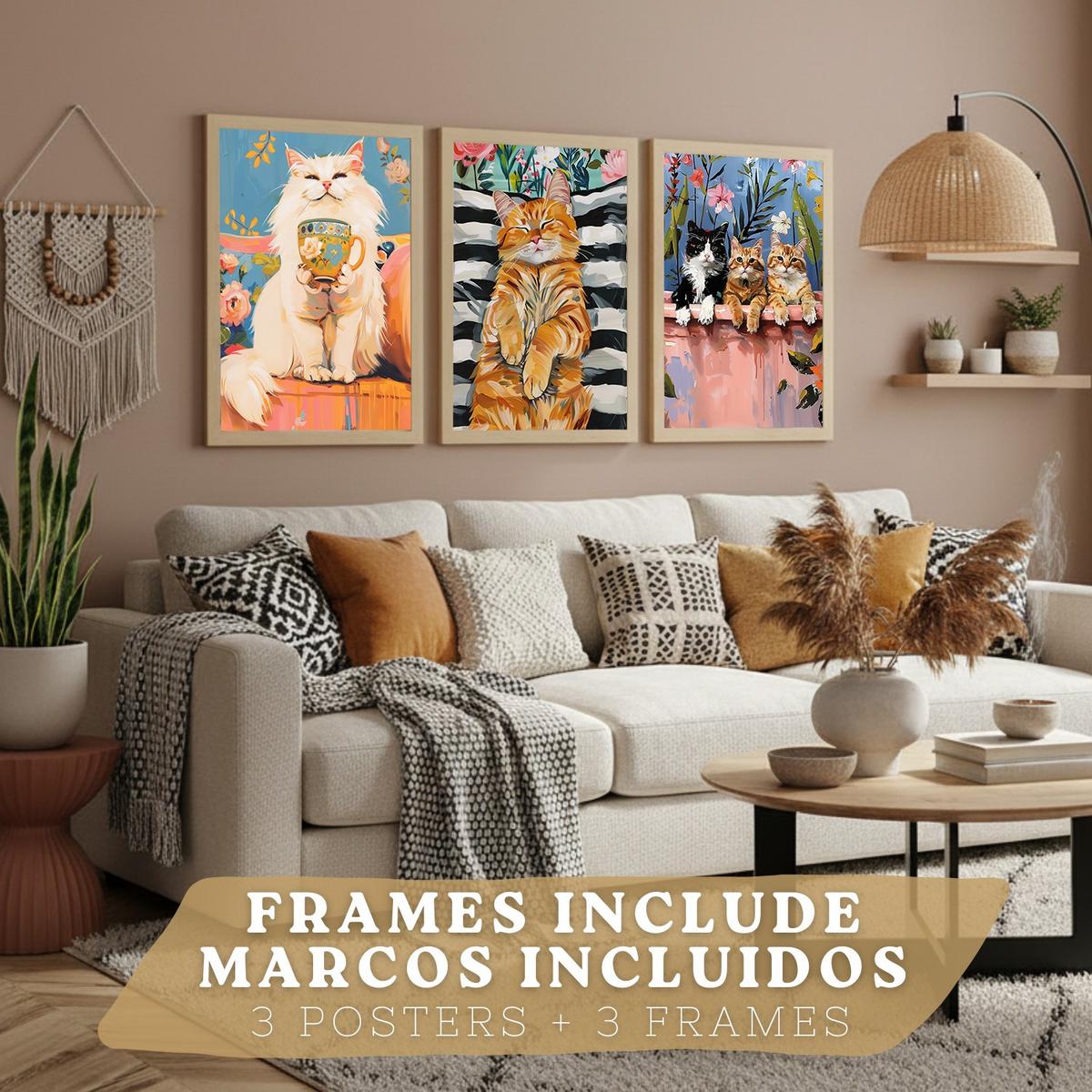 POSTER 3er Kunstdruck-Set Wandbilder Katzen modern Wohnzimmer Deko, Schlafzimmer, Küche, Badezimmer Leichter Holzrahmen A4 - Beige, Papier (29.7/1/21cm) - Nacnic
