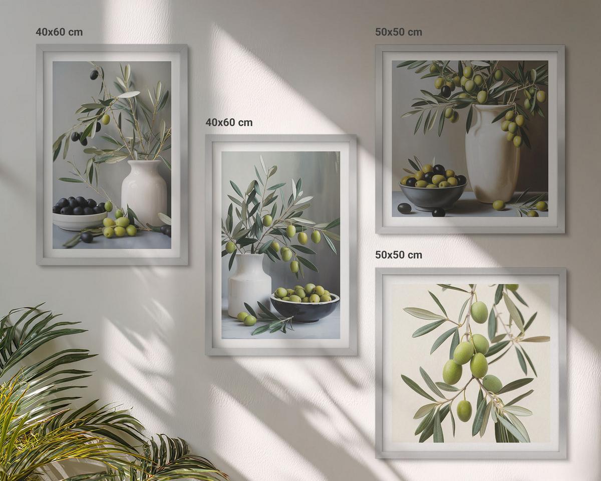 BILDER SET 4er Set - 50x50 cm & 40x60 cm Silberner Rahmen - Oliven in grauen Vasen - Silberfarben, Kunststoff (50/50cm) - TULUP