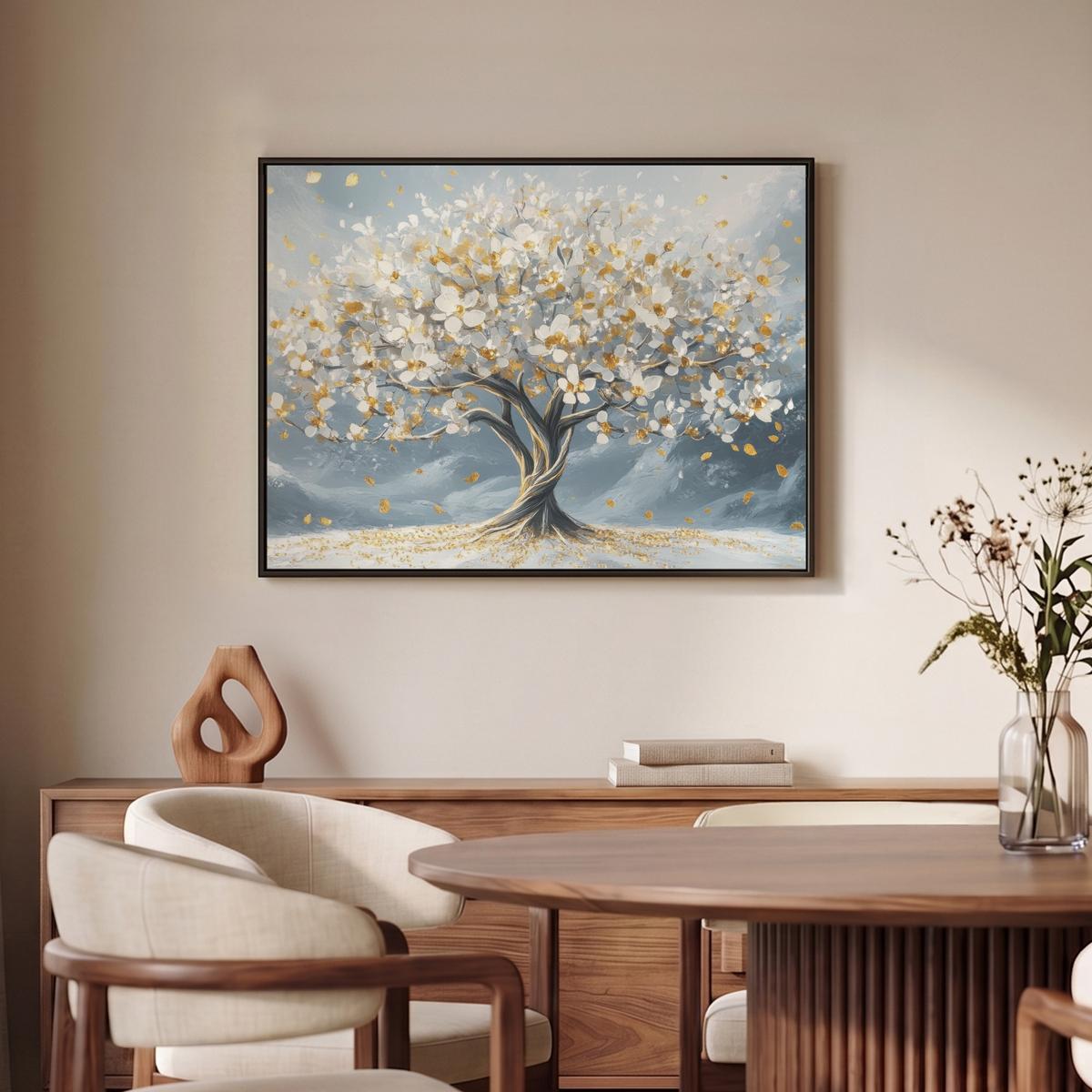 LEINWAND Bilder mit Rahmen - Baum - Winter - Baum des Lebens - Modern - Gold - 70x50 - Goldfarben, Textil (70/50cm) - MuchoWow