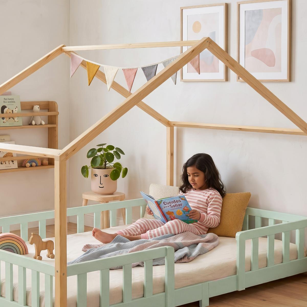 HAUSBETT Treviolo - Naturfarben/Mintgrün, Holz (120/200cm) - [en.casa]