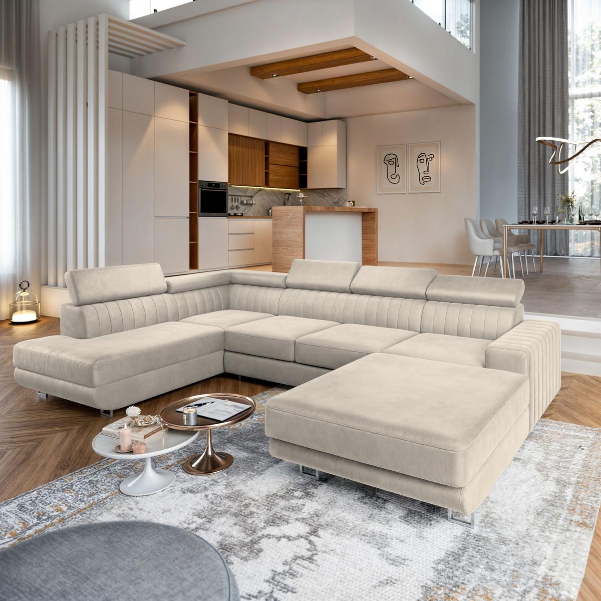 WOHNLANDSCHAFT SIENA L-S Creme Velours-Stoff mit Schlaffunktion - Silberfarben/Creme, Holz/Textil (335/89/190cm) - MASSENO