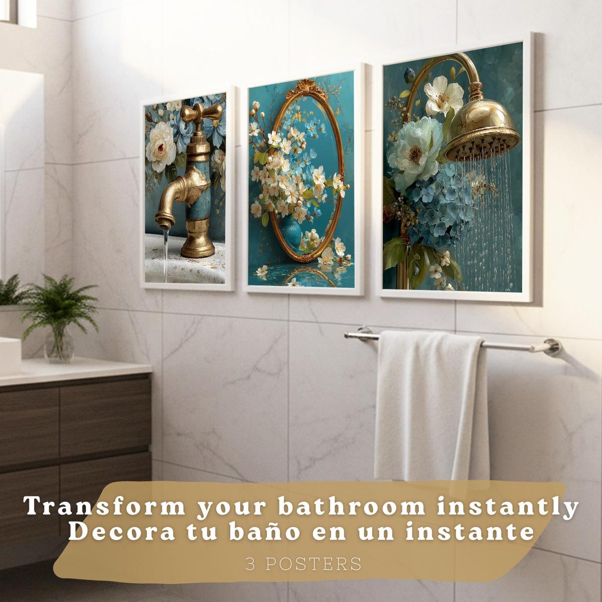 POSTER 3er-Set dekorative Badezimmer-Poster, elegante für Wand, Waschbecken, Dusche, Dekoration mit Armatur, Spiegel und goldener Dusche Rahmenlos A4 - Klar, Papier (29.7/21/3cm) - Nacnic