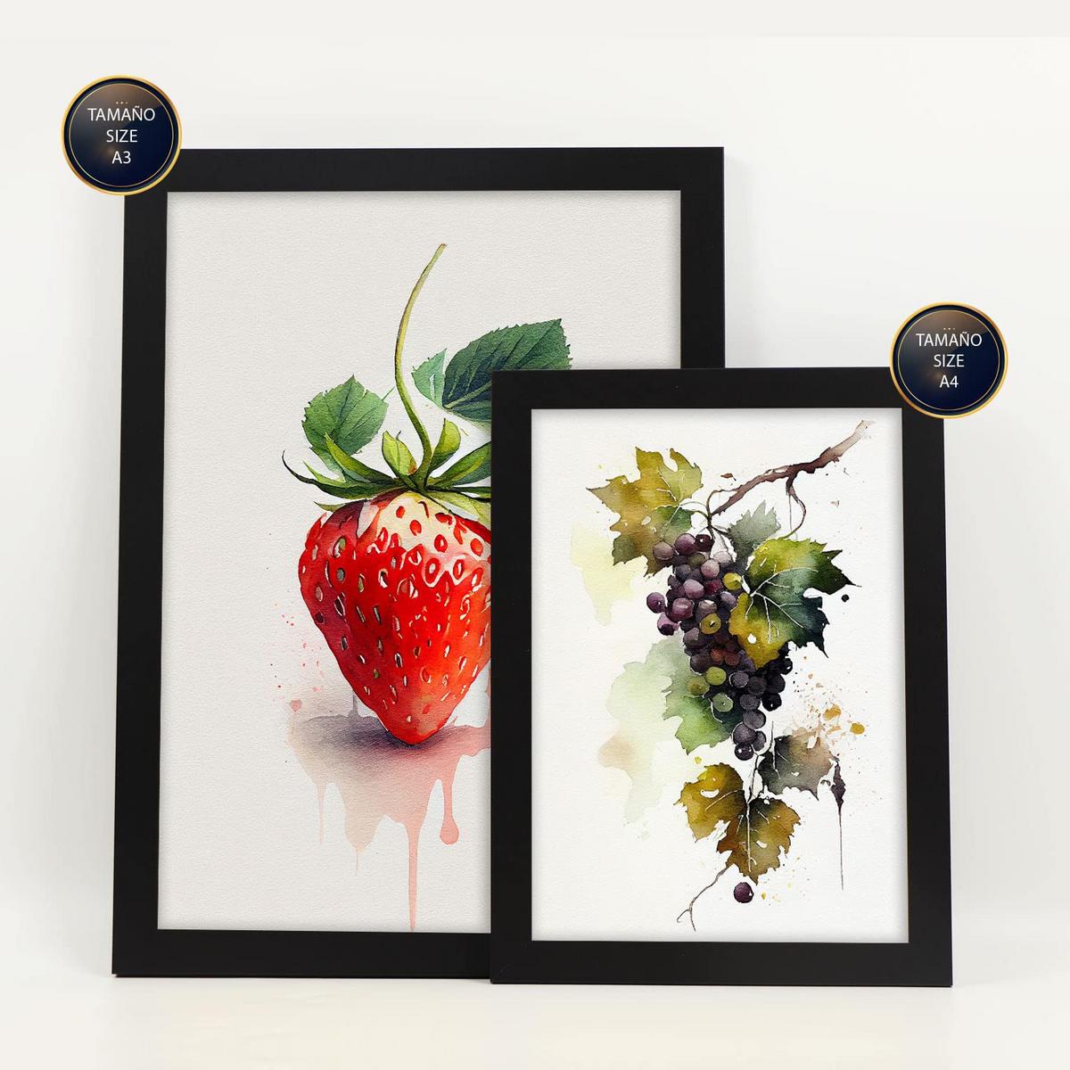 POSTER Set Mit 6 Lebendige Früchte Plakate Von Obst Gemüse & Gesunden Lebensmitteln Im Aquarell Kunst Auf Reinweißen A3 & A4 Schwarzer Rahmen - Schwarz, Papier (29/3cm) - Nacnic