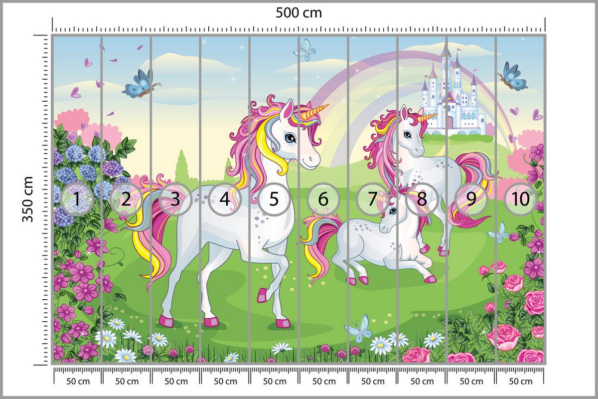 FOTOTAPETE für Kinderzimmer Einhorn Schloss Blumen Märchen 500x350 - Gelb/Violett, Papier (500/350cm) - Muralo