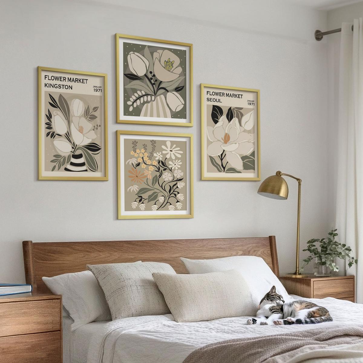 BILDER SET 4er Set - 50x50 cm & 40x60 cm Goldrahmen - Kingston Seoul Retro-Blumen - Goldfarben, Kunststoff (50/50cm) - TULUP