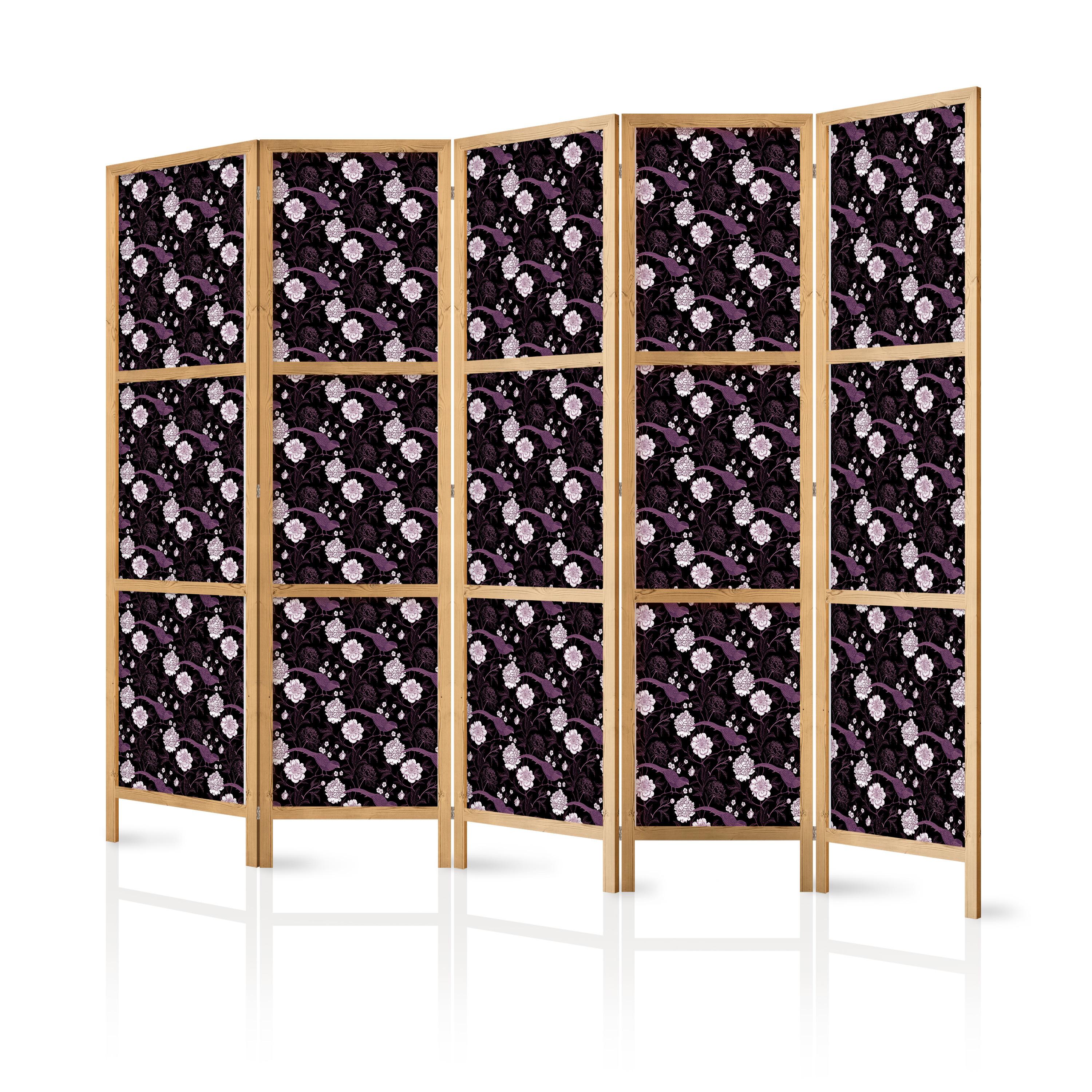 PARAVENT Japanischer 5-tlg 225x172 cm Blumen und V gel - Schwarz, Holz/Textil (225/172/3cm) - Muralo