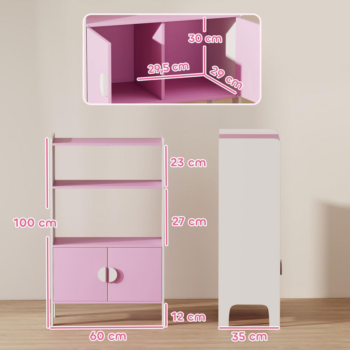 BÜCHERREGAL Kinderregal mit 2 Ablagen und 2 Schranktüren - Rosa/Weiß, Holzwerkstoff (35/100/60cm) - AIYAPLAY