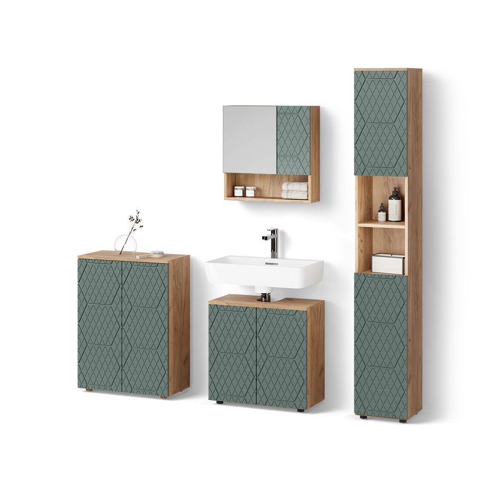 BADMÖBEL-SET Ronco Grün/Goldkraft Eiche 4 Teile, mit Hochschrank und Kommode - Honigeiche/Grün, Holzwerkstoff (60/59/30cm) - Livinity®