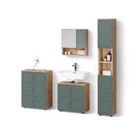 BADMÖBEL-SET Ronco Grün/Goldkraft Eiche 4 Teile, mit Hochschrank und Kommode - Honigeiche/Grün, Holzwerkstoff (60/59/30cm) - Livinity®