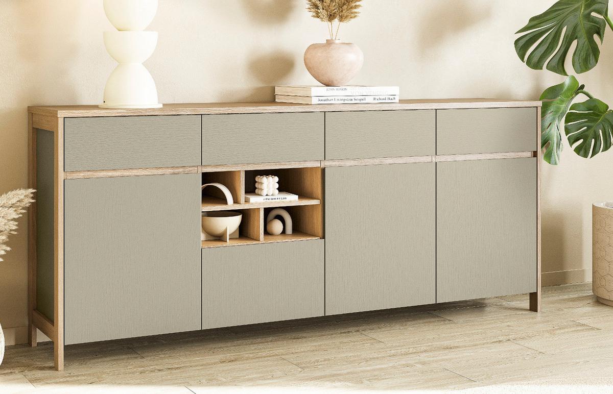 SIDEBOARD Salbei grün, Eiche, Kommode skandinavisch 193 cm, Soft-Close - Salbeigrün/Eichefarben, Holzwerkstoff (193/85/39cm) - Furn.Design