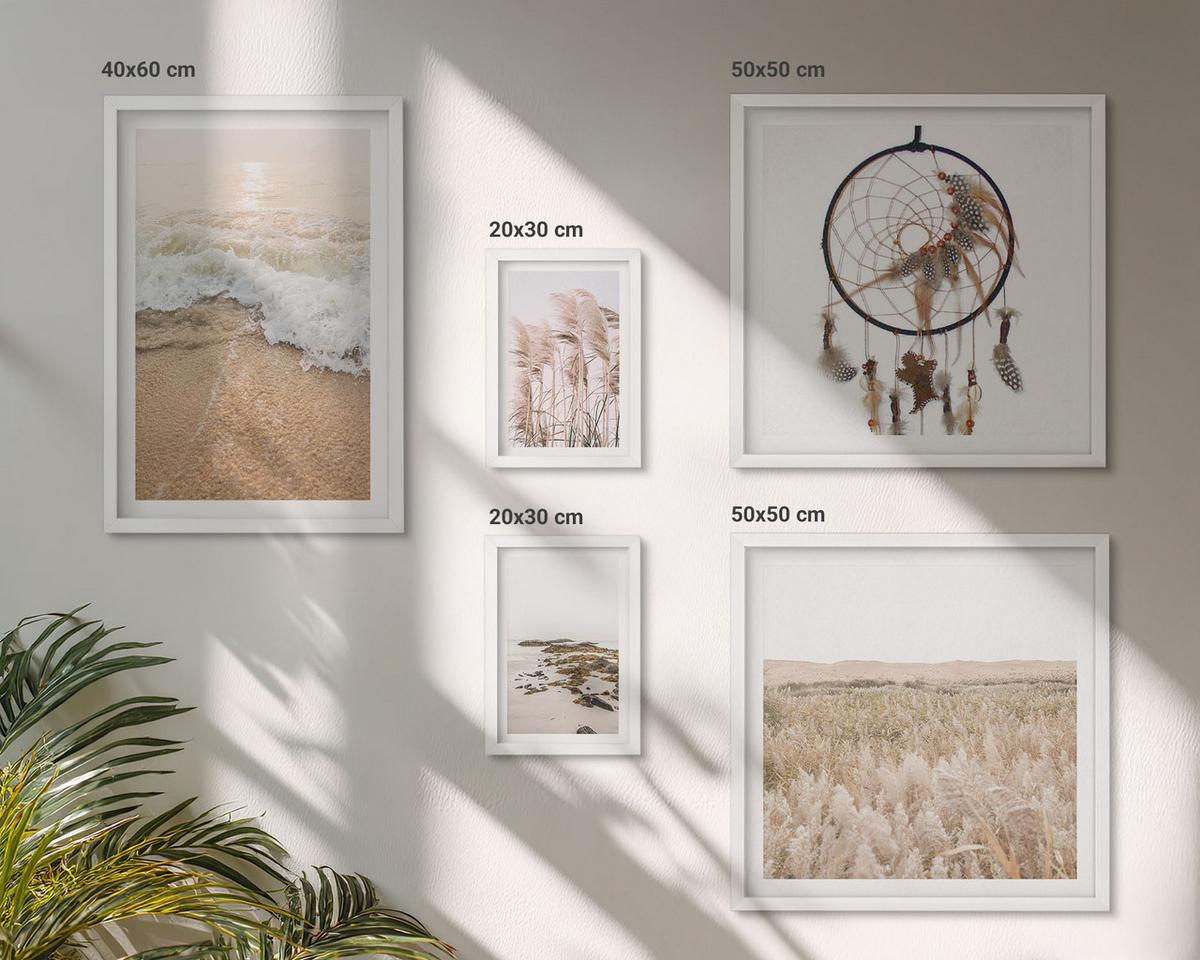 BILDER SET 5er Set - 50x50 cm & 20x30 cm & 40x60 cm Weißer Rahmen - Strandgras, Wellen, Steine, Boho-Stil - Weiß, Kunststoff (40/60cm) - TULUP