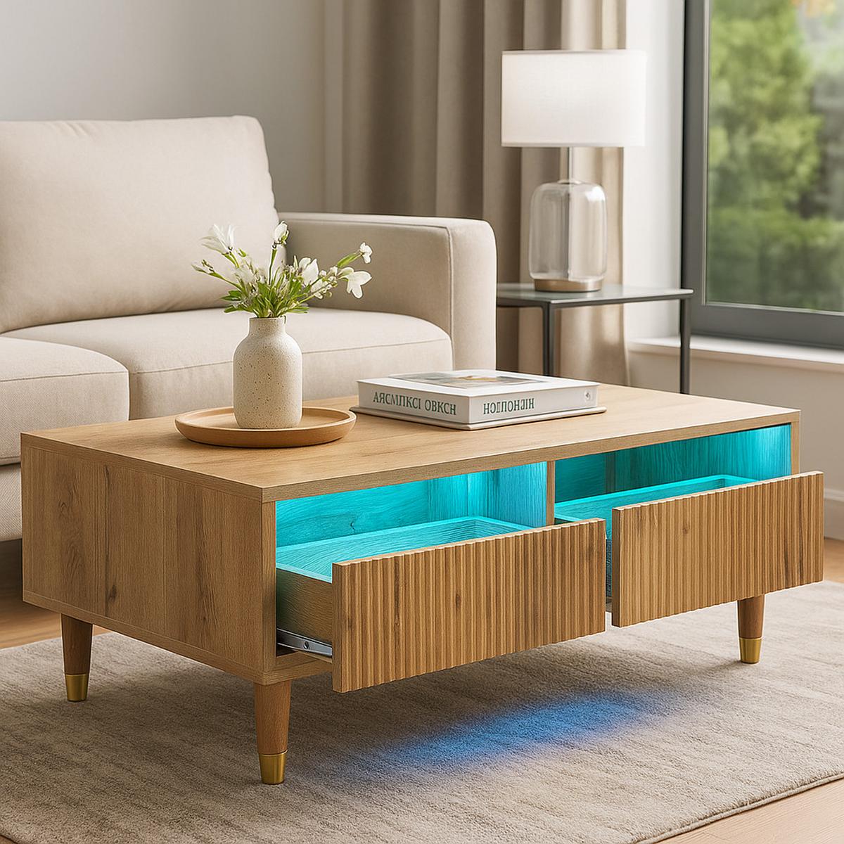 COUCHTISCH mit LED-Beleuchtung Eiche Nachbildung und 2 Schubladen - Schwarz, Holzwerkstoff/Metall (50/110/40cm) - Urban Meuble