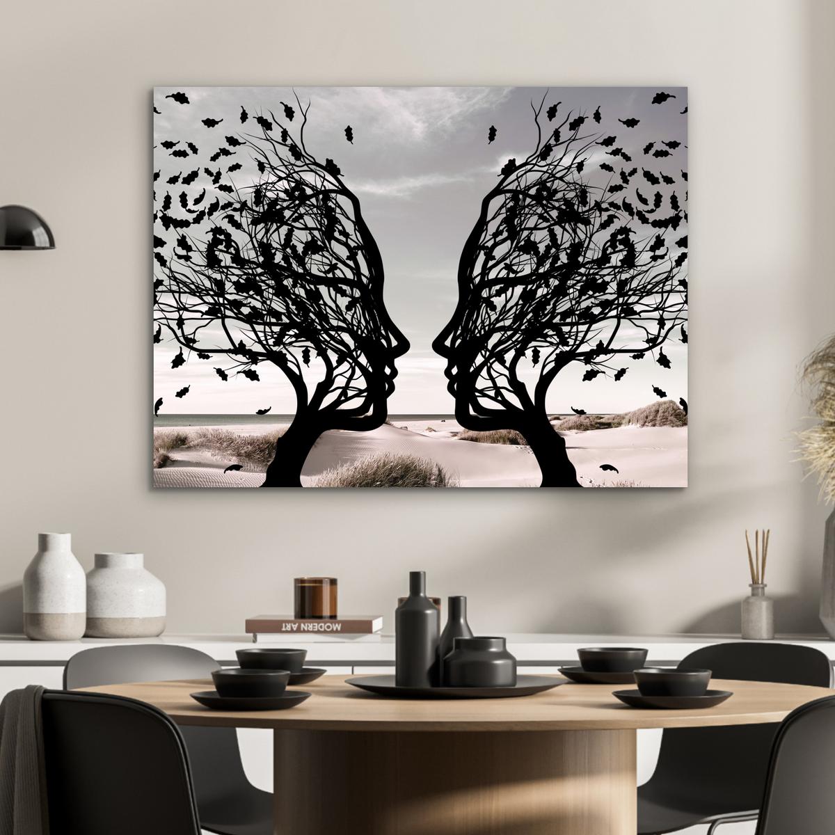 METALLBILD Strand - Meer - Menschen - Baum - Moderne Kunst 80x60 cm - Hellgrau, Metall (80/60cm) - MuchoWow