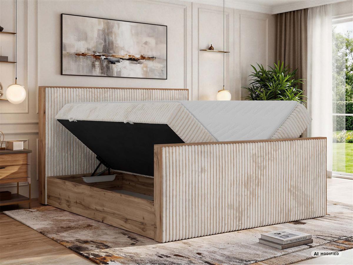 BOXBETT WOOD DUO 200/200 - Beige Cord - Topper Visco - H3 - Beige/Schwarz, Kunststoff/Textil (200/200cm) - MKS