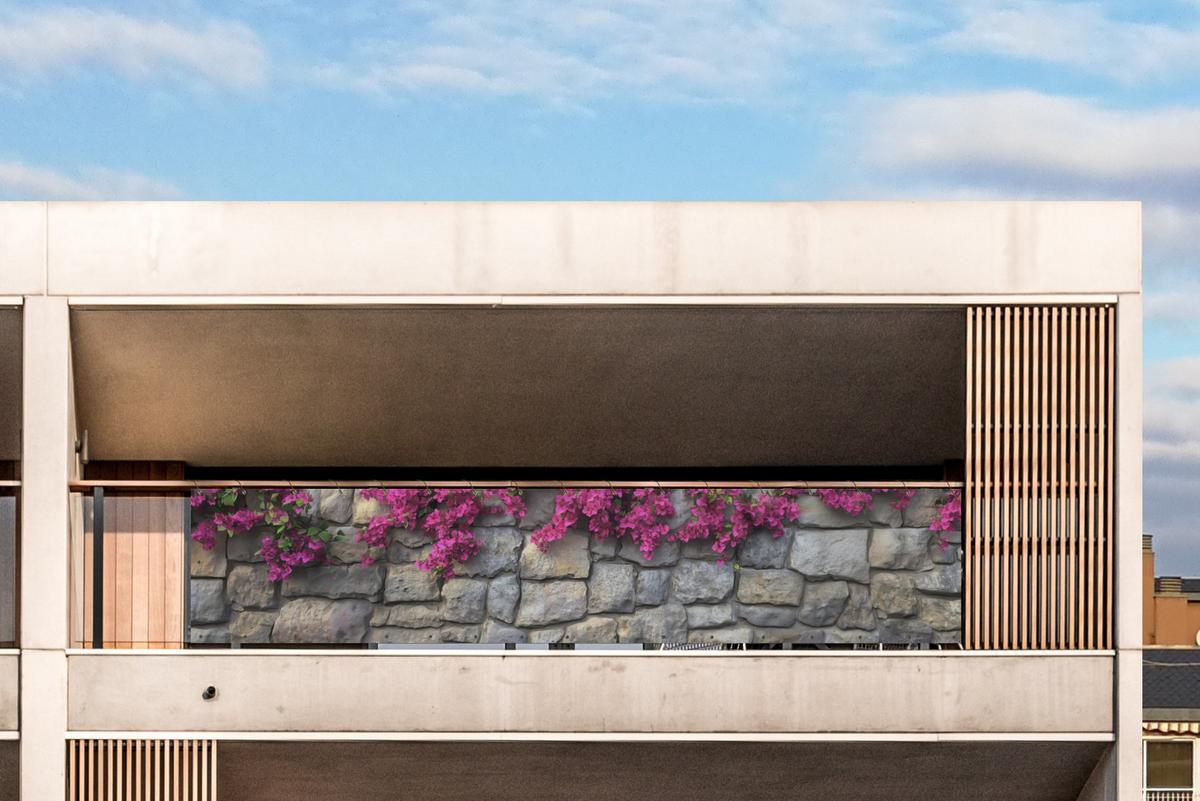 BALKON-SICHTSCHUTZ Bougainvillea - Steinmauer - Rosa Deko XXL 500x100 cm - Magenta, Kunststoff (500/100cm) - MuchoWow