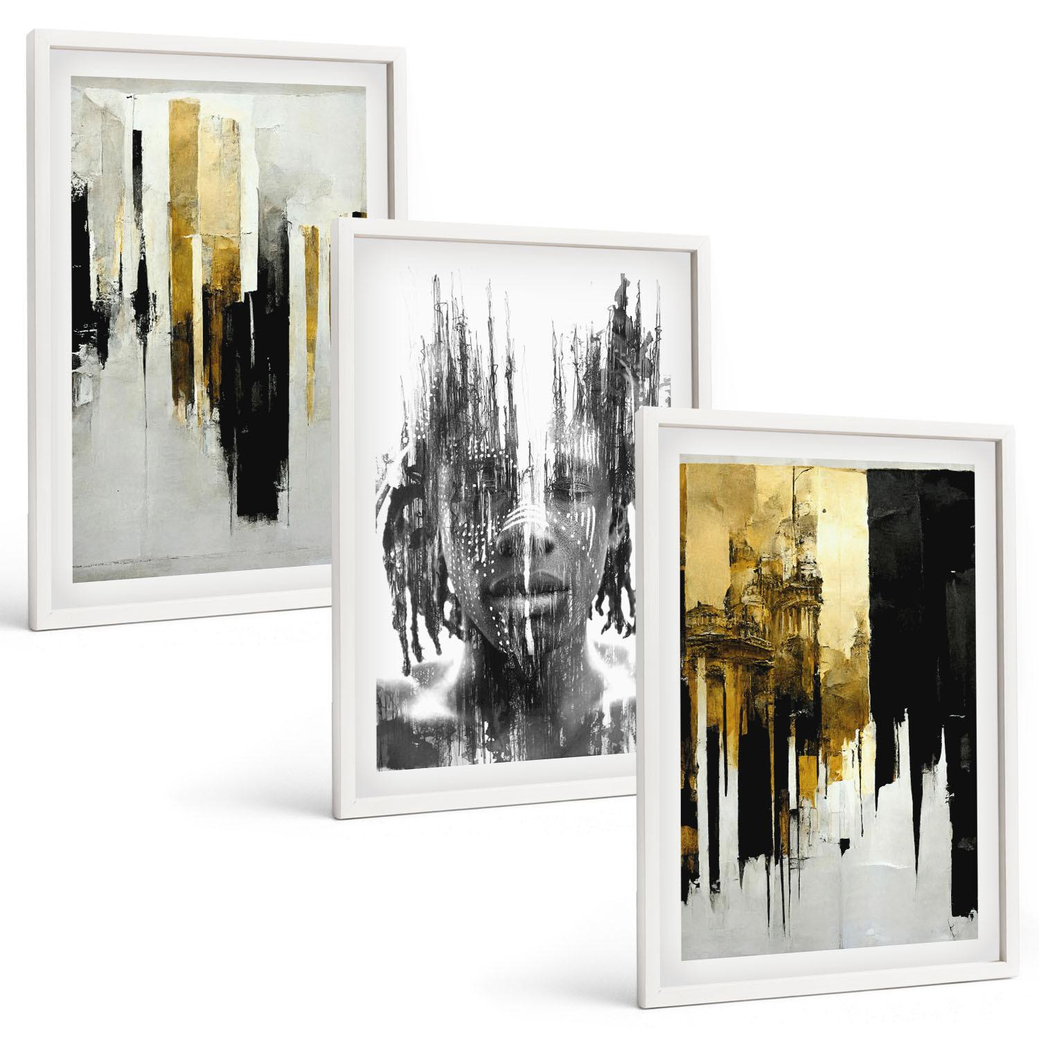BILDER SET 3er Set - 40x60 cm Weißer Rahmen - Kontrastierende abstrakte Porträts - Weiß, Kunststoff (40/60cm) - TULUP