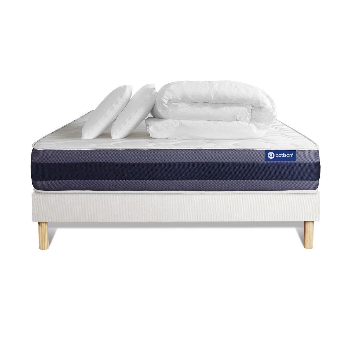 BETT Actiflex morpho Taschenfederkern und Memory-Schaum 160 x 200 cm h1 - Kit Bettgestell Weiß - Mit Kissen und Bettdecke - Beige/Weiß, Karton/Holz (160/200cm) - ACTISOM