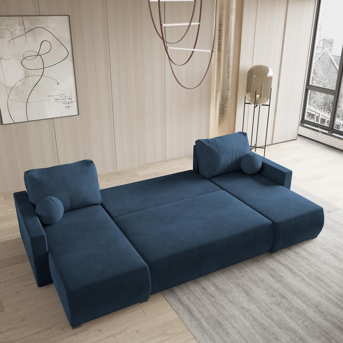 WOHNLANDSCHAFT TESSUN Blau Plüsch-Stoff mit Schlaffunktion - Blau, Holz (286/85/143cm) - MASSENO