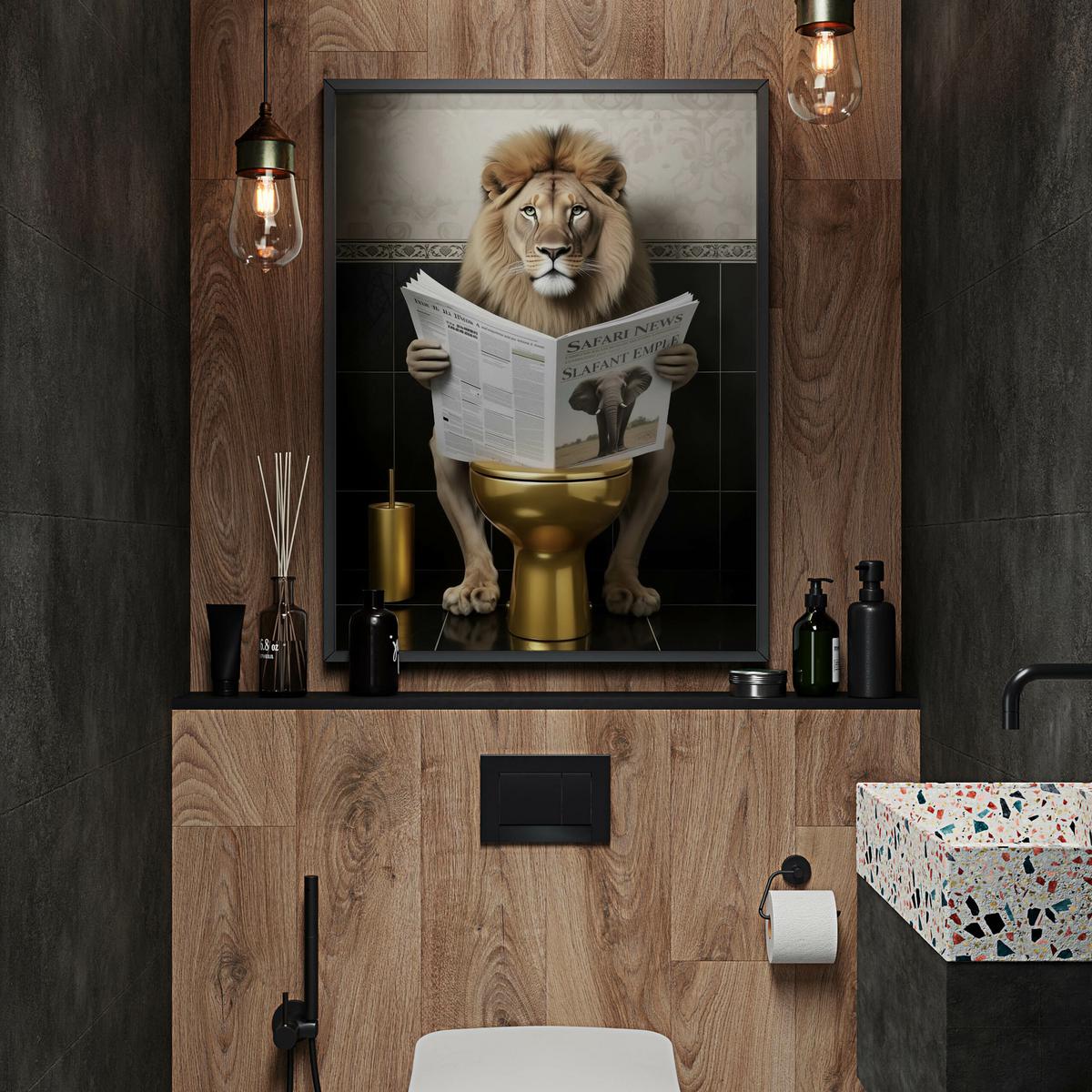 POSTER für WC Badezimmer LÖWE in Toilette Zeitung Abstraktion 50x70cm - Gelb/Beige, Papier (50/70/70cm) - Muralo