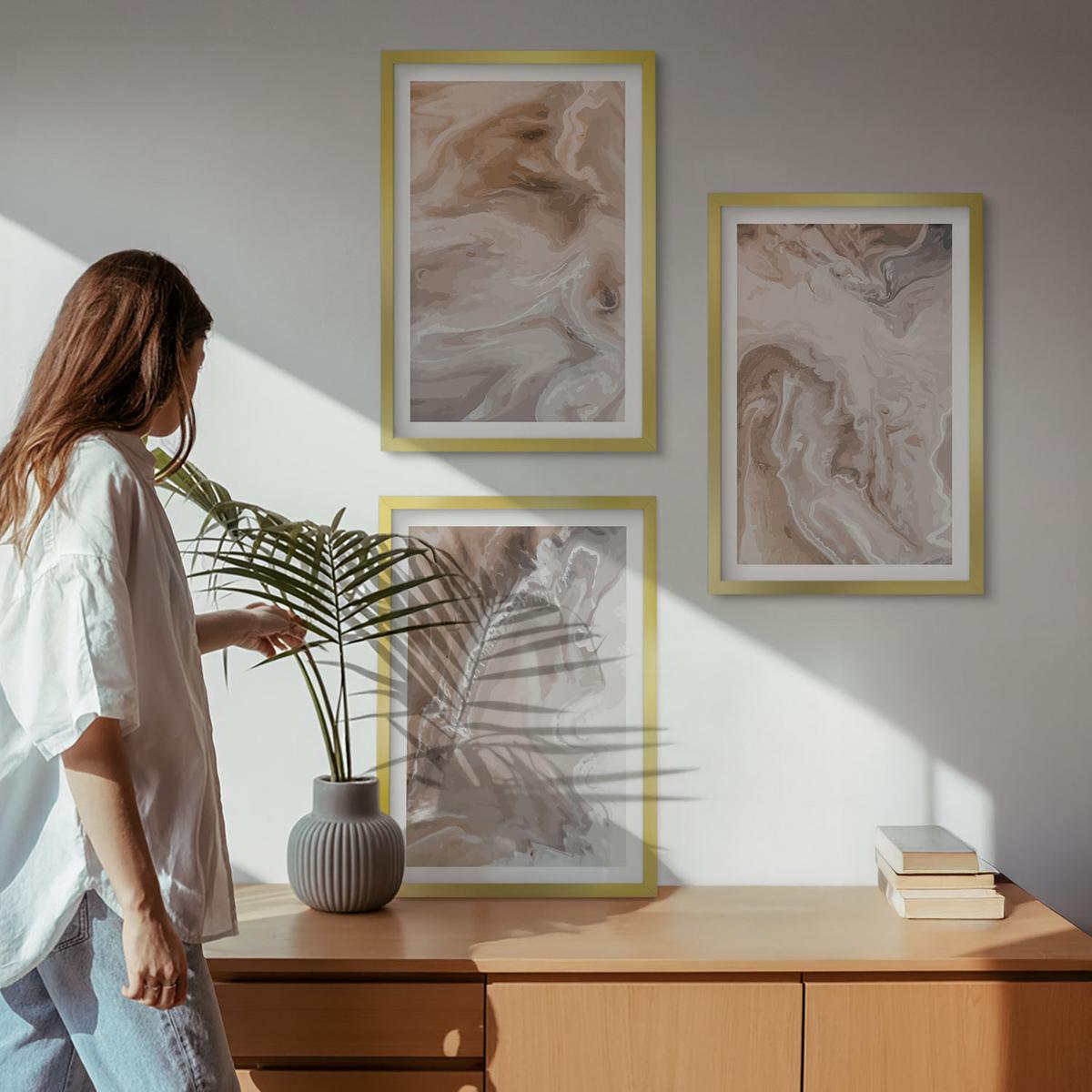 BILDER SET 3er Set - 40x60 cm Goldrahmen - Abstrakter Marmorstein - Goldfarben, Kunststoff (40/60cm) - TULUP