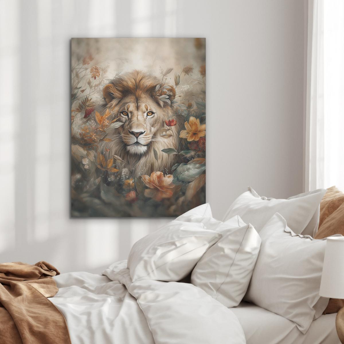 AKUSTIKBILD Löwe - Wildtiere - Pflanzen - Natur - Blumen Wandbilder 60x80 cm - Beige, Kunststoff (60/80/0.9cm) - MuchoWow