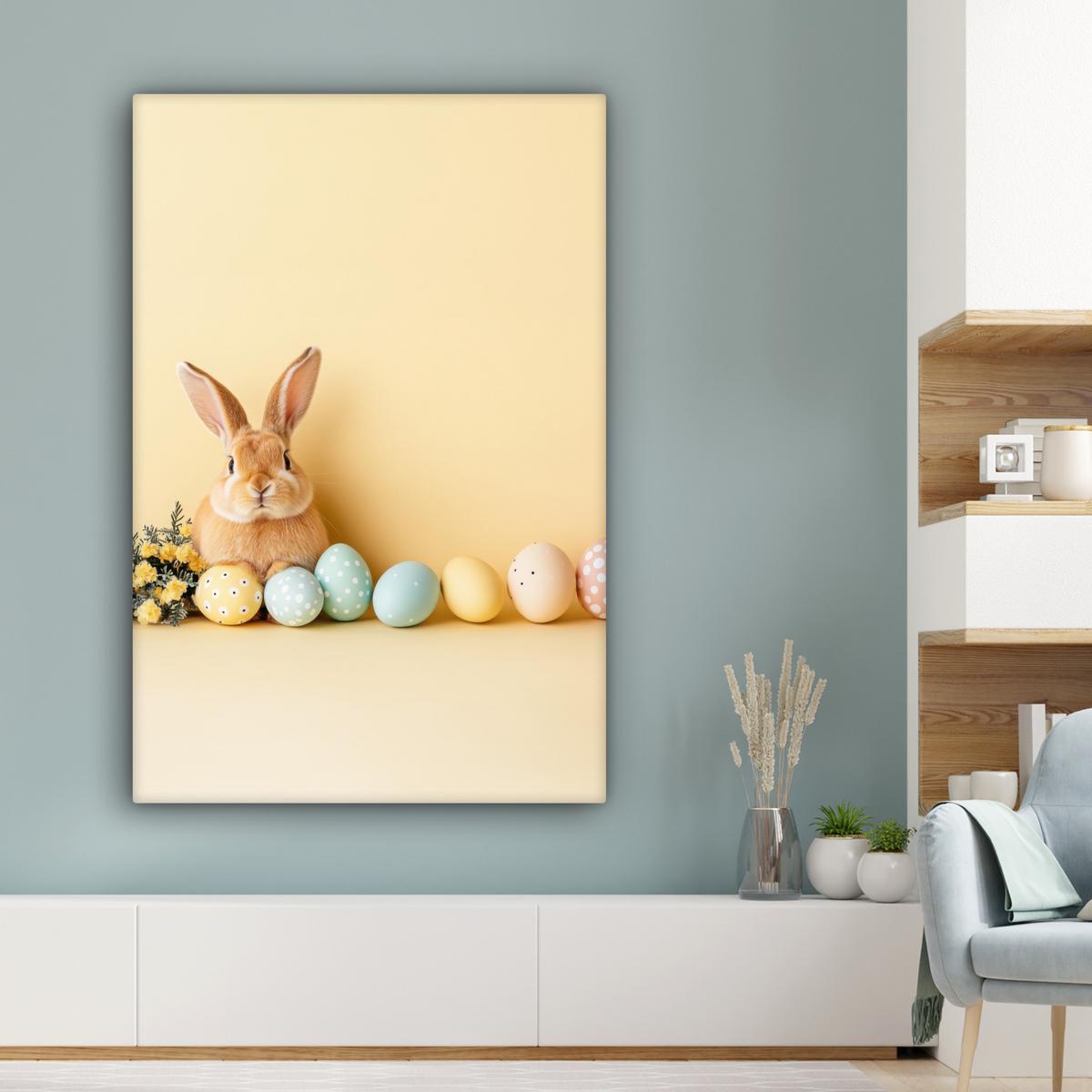 LEINWANDBILD Eier - Kaninchen - Pastellfarbtöne Deko XXL 80x120 cm - Hellgelb, Textil (80/120cm) - MuchoWow