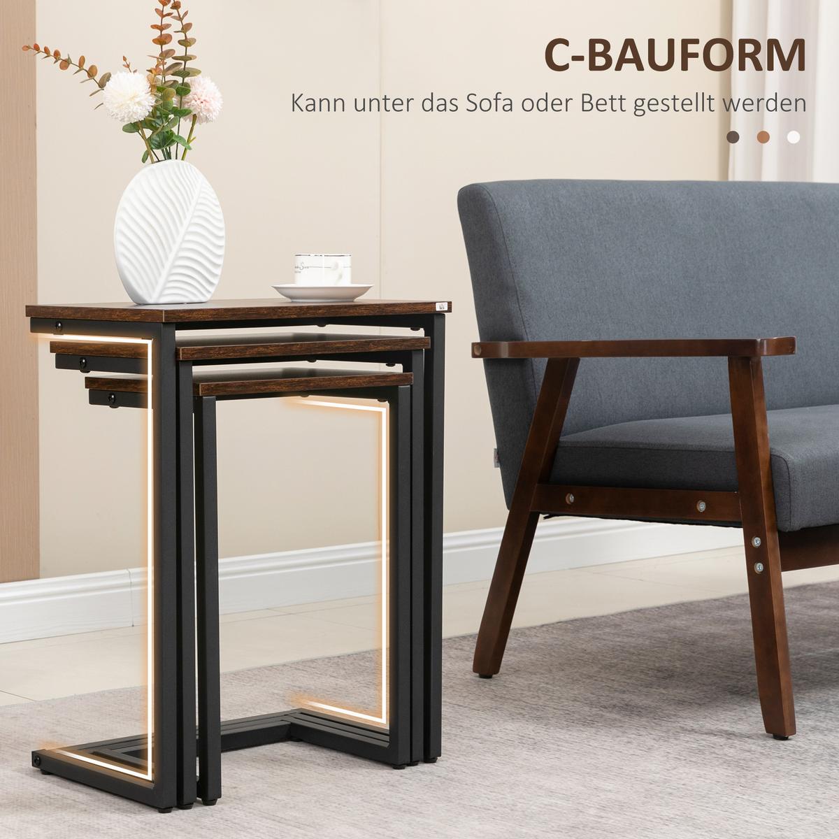 BEISTELLTISCH-SET Spanplatte Stahl Braun - Braun, Kunststoff (45/30/60cm) - HOMCOM