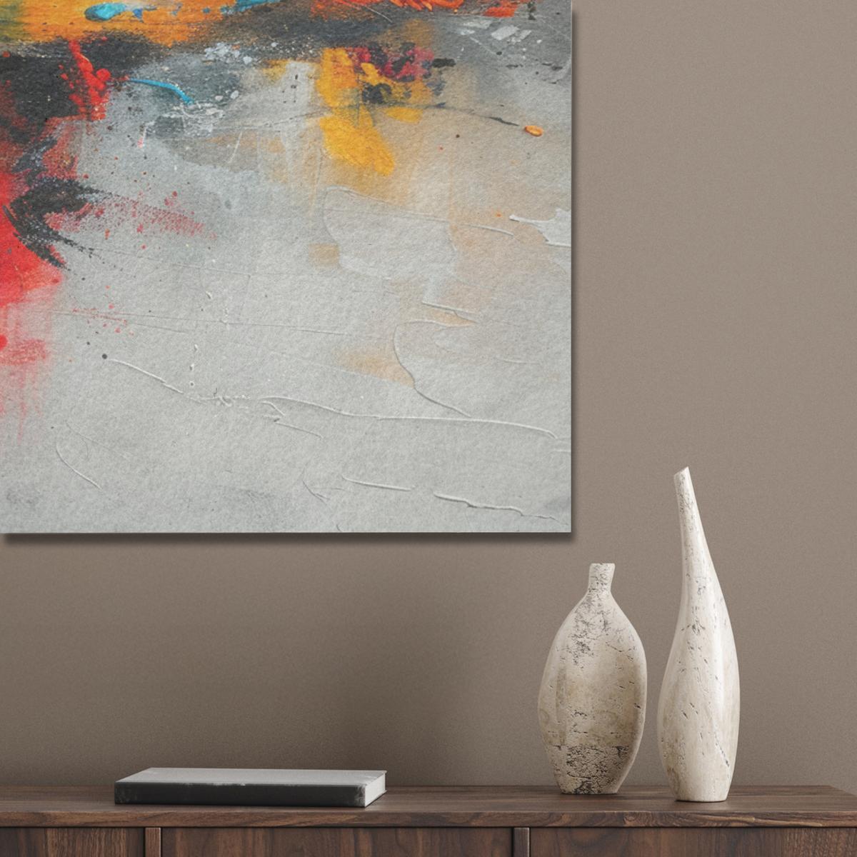 AKUSTIKBILD Moderne Kunst - Orange - Grau - Abstrakt Wandbild Wohnzimmer 100x70 cm - Hellgrau, Kunststoff (100/70/0.9cm) - MuchoWow