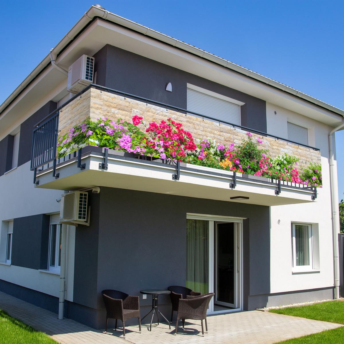BALKON-SICHTSCHUTZ Blumen - Pflanzen - Blätter - Steine Groß 500x90 cm - Pink, Kunststoff (500/90cm) - MuchoWow