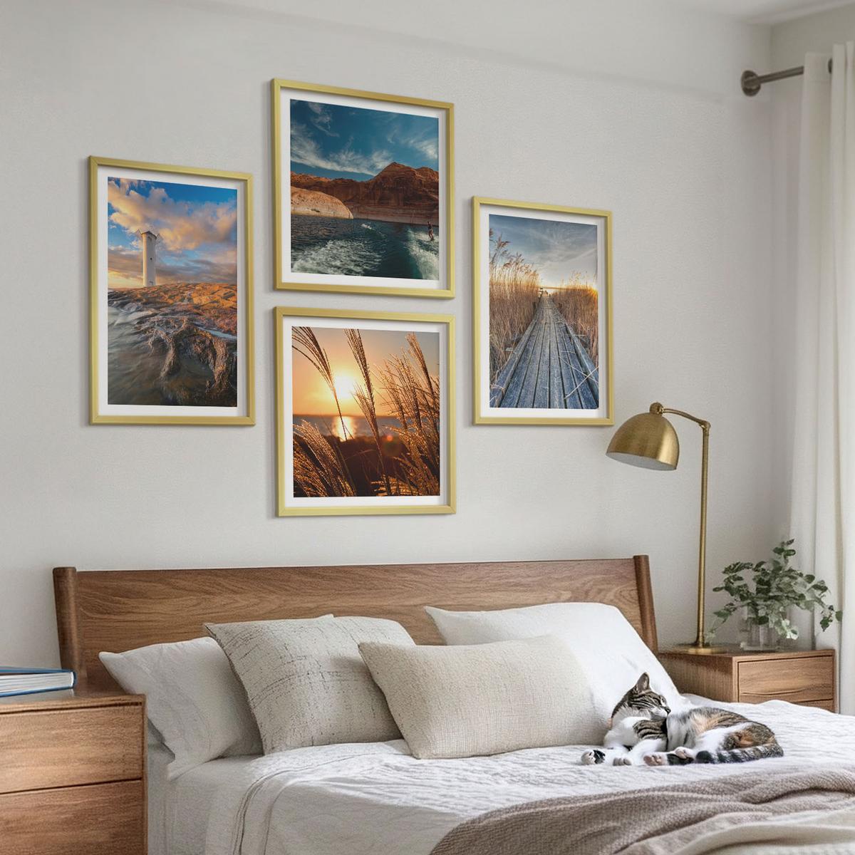 BILDER SET 4er Set - 50x50 cm & 40x60 cm Goldrahmen - Leuchtturm-Grassteg - Goldfarben, Kunststoff (50/50cm) - TULUP