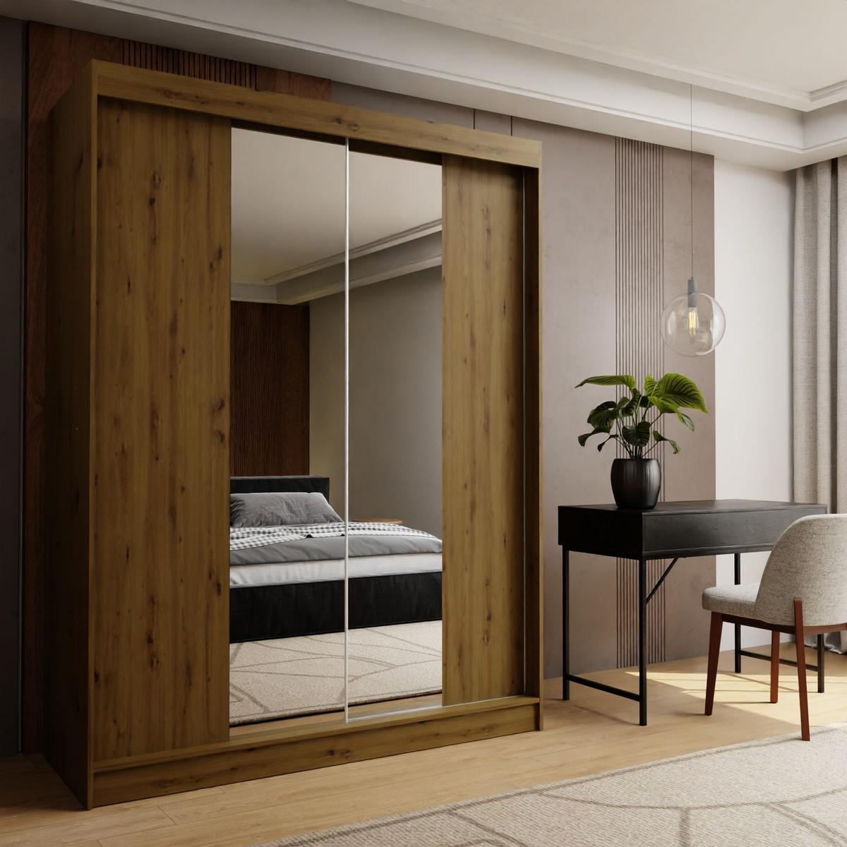 SCHWEBETÜRENSCHRANK LUCENZA 160/216/61 cm 2-türig mit Spiegel Eiche Artisan - Eiche Artisan, Holzwerkstoff (160/216/61cm) - MASSENO