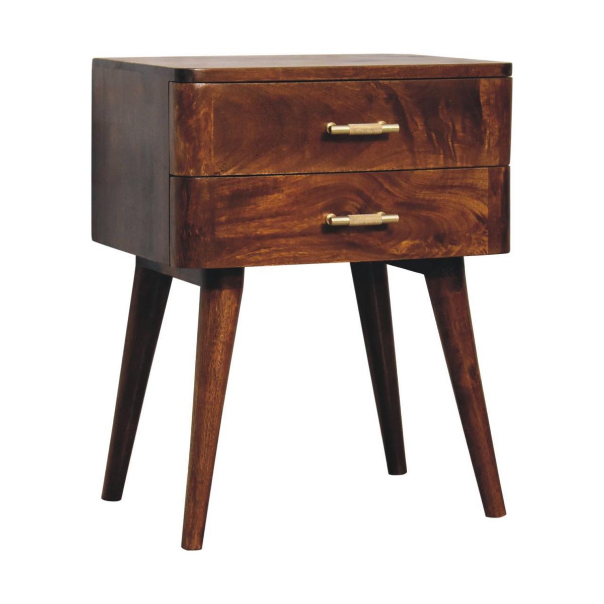 NACHTTISCH T-Bar, 2 Schubladen, Nordischer Stil, braun - Messingfarben/Braun, Mangoholz/Holz (45/58/35cm) - Artisan Furniture