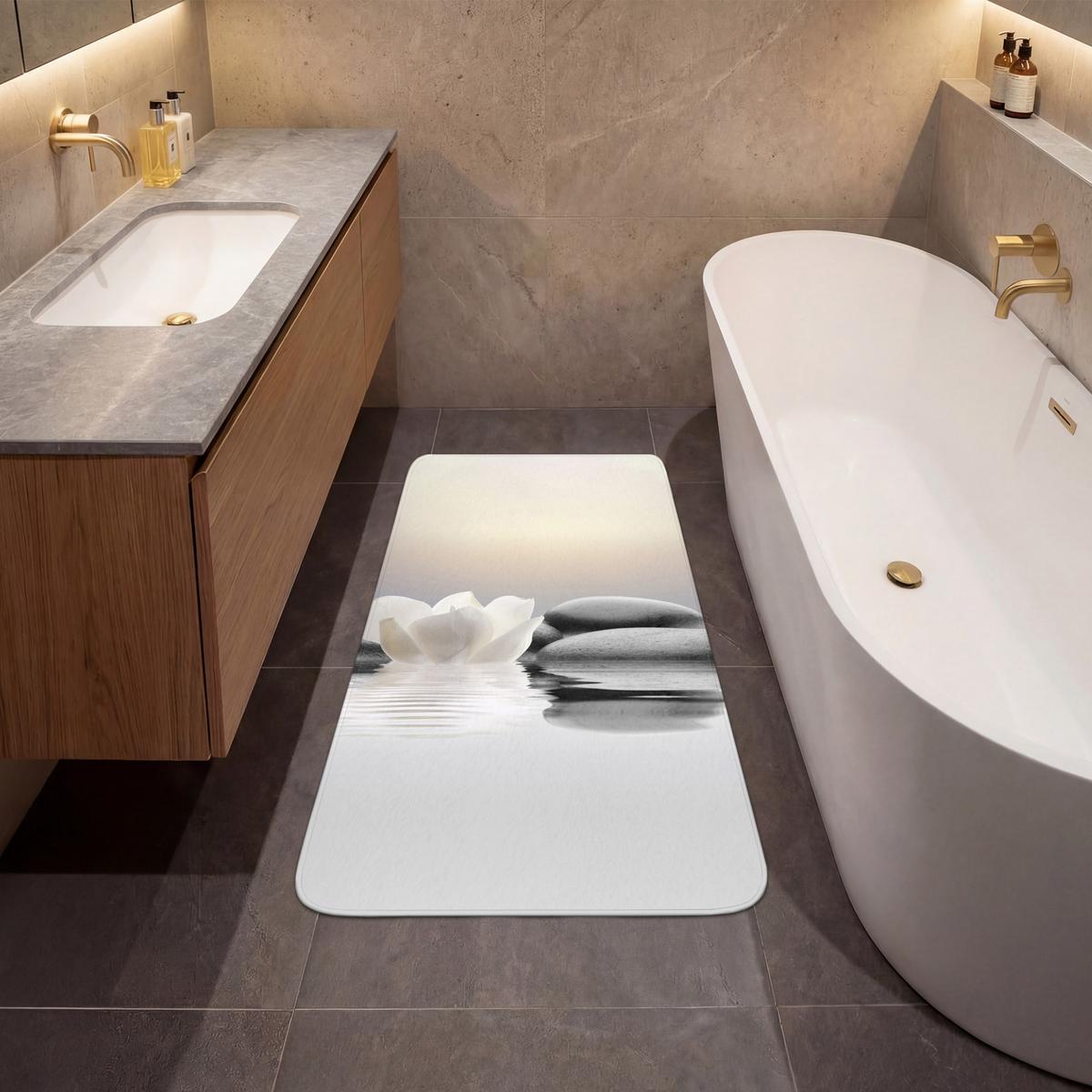 BADEMATTE Steine - Lotus - Weiß - Wasser - Zen 60x120 cm - Weiß, Textil (60/120cm) - OnlyWow
