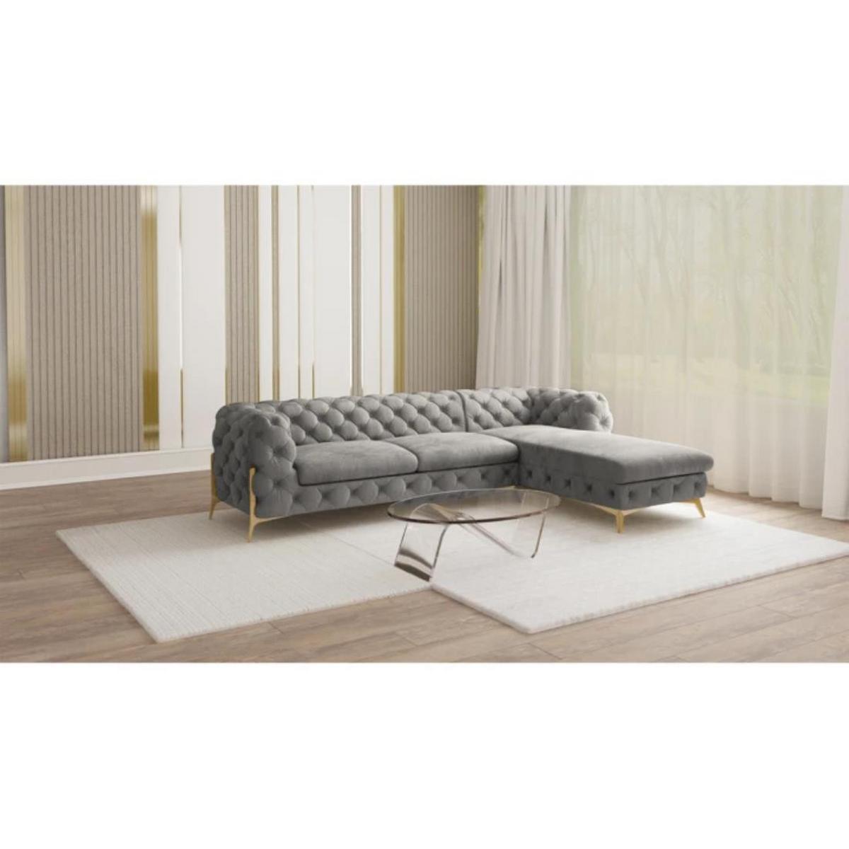 ECKSOFA Chesterfield Lexi Grau Samt, Ottomane rechts - Goldfarben/Grau, Holz/Textil (305/200cm) - S-Style Möbel