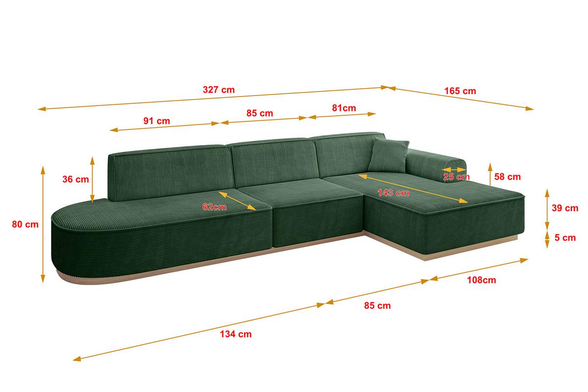ECKSOFA Ottomane Rechts IREA-L2 - 327x165x80 cm Grün - Currygelb, Holzwerkstoff/Textil (327/165cm) - ALTDECOR