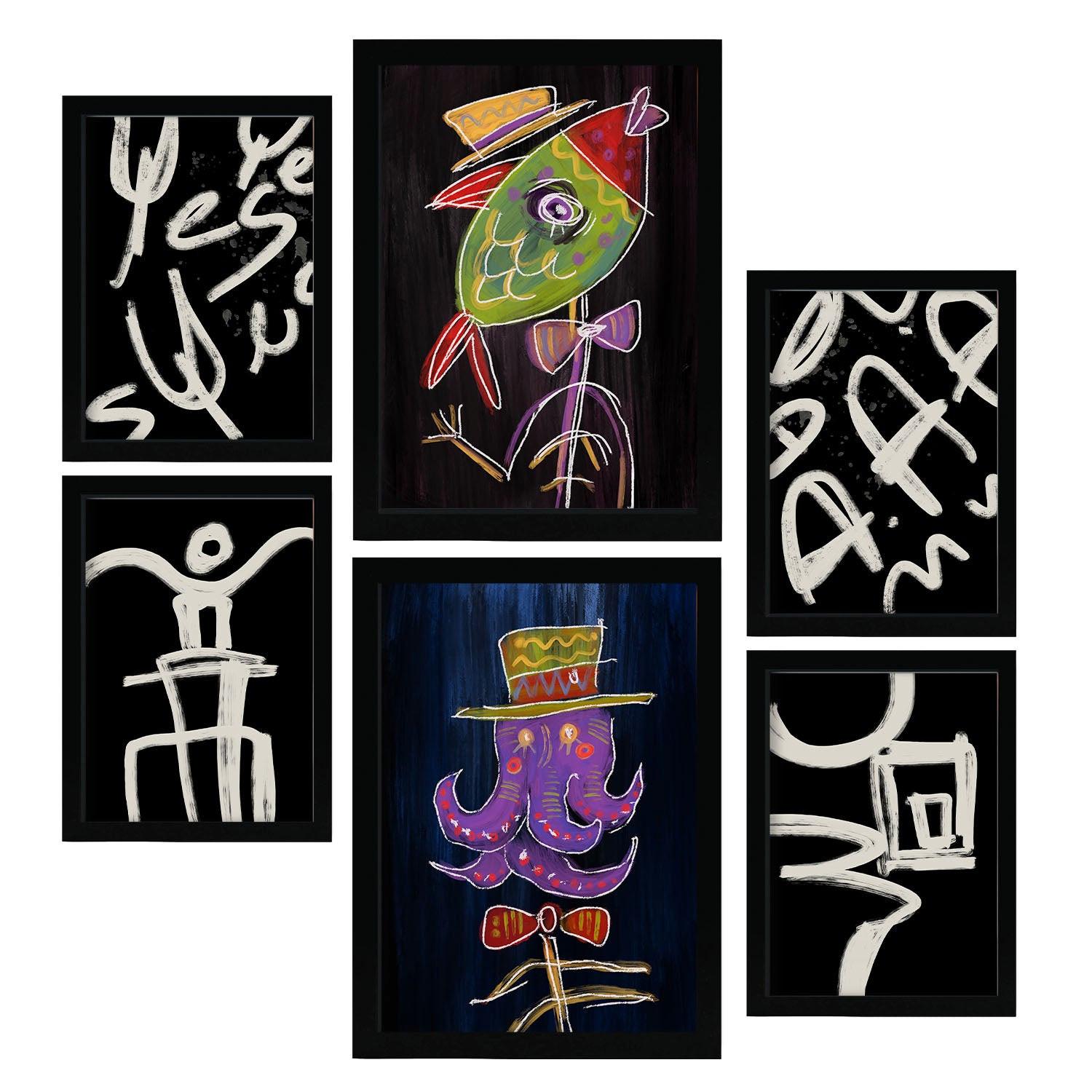 POSTER Set Mit 6 Aufsichtsfang 1 In Tiere Zusammenfassungen A3 & A4 Schwarzer Rahmen - Schwarz, Papier (29/3cm) - Nacnic