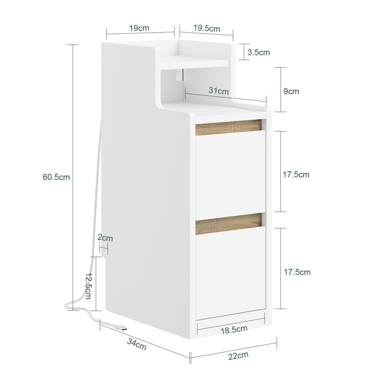 NACHTTISCH schmal mit Ladefunktion und LED-Touch-Lampe, 22x34x60.5cm - Weiß, Holzwerkstoff (22/60/34cm) - SoBuy
