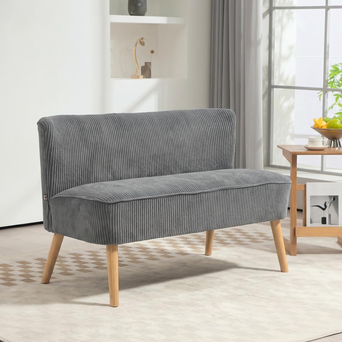 2 Sitzer Sofa, Gepolsterte Couch mit Kordoptik, Holzbeine für Wohnzimmer, Grau - Hellgrau/Naturfarben, Holz/Textil (56.5/77/117cm) - HOMCOM