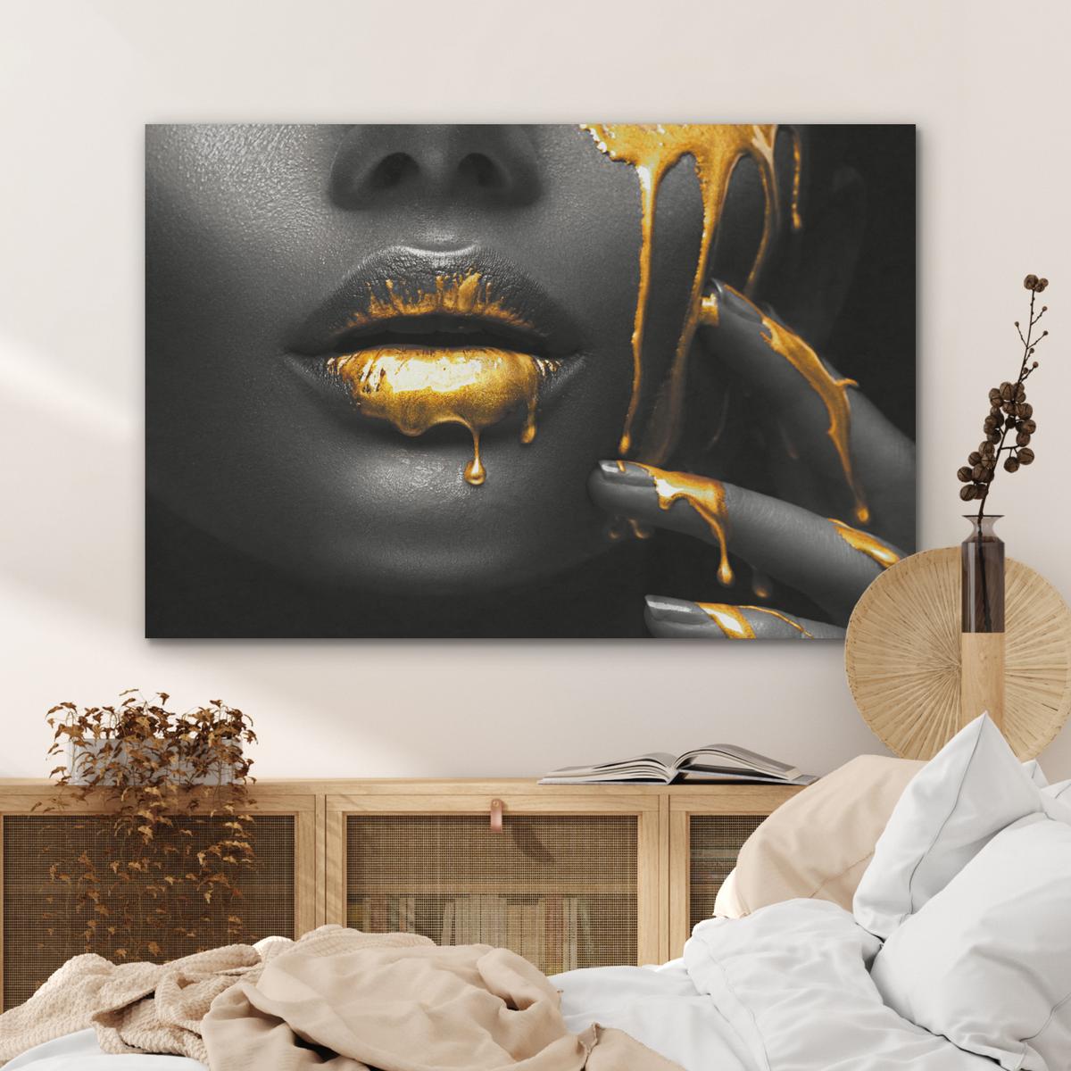 AKUSTIKBILD Frau - Schwarz - Gold - Gesicht - Lippen Wandbild Wohnzimmer 100x70 cm - Goldfarben, Kunststoff (100/70/0.9cm) - MuchoWow