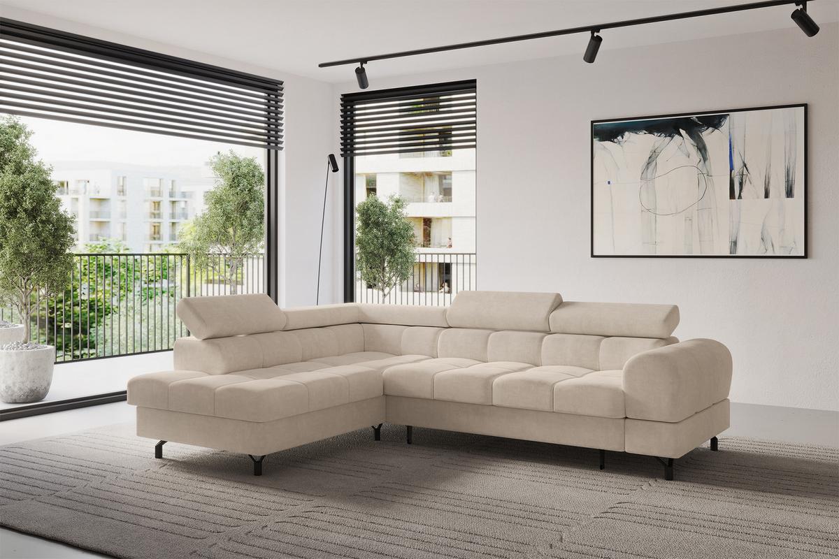 ECKSOFA mit Schlaffunktion Ottomane Links LUMA-L 272x203x70 Beige Velours - Sandfarben/Schwarz, Holzwerkstoff/Kunststoff (272/203cm) - ALTDECOR