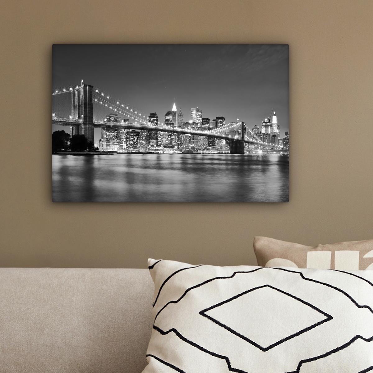 LEINWANDBILD New York - Brücke - Brooklyn - Schwarz und weiß - Architektur Deko Schlafzimmer 30x20 cm - Schwarz, Textil (30/20cm) - MuchoWow