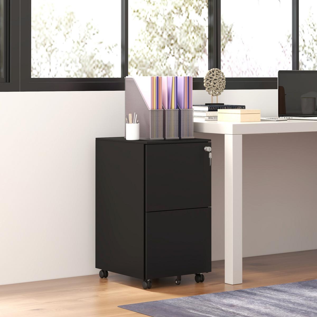 AKTENSCHRANK mit 2 Schubladen, Rollen, für A4 Akten, Dokumente, Stahl, Schwarz - Schwarz, Metall (43.5/67.5/37cm) - Vinsetto