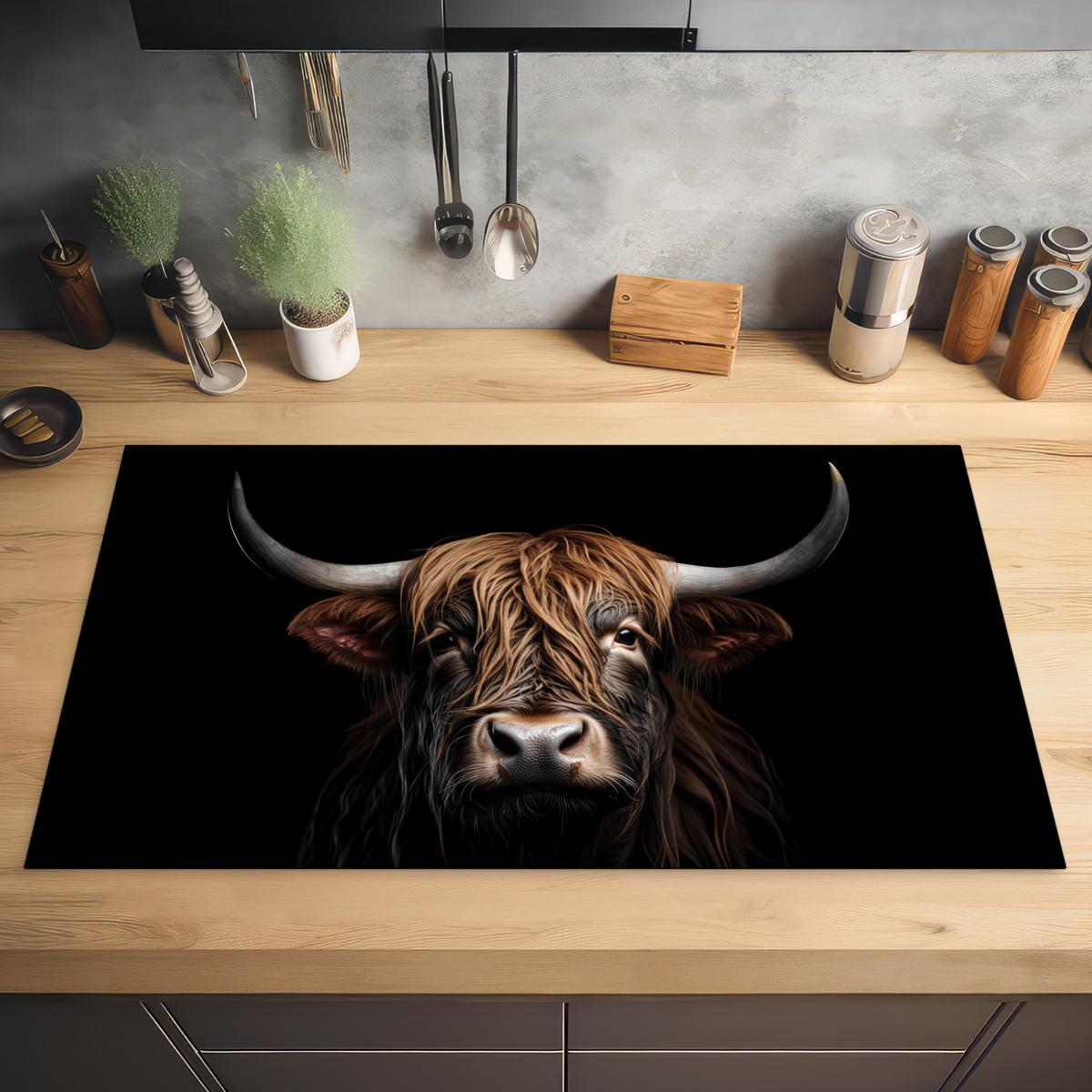HERDABDECKPLATTE Schottischer Highlander - Porträt - Schwarz - Tier Induktionsschutz 89.6x51.6 cm - Braun, Kunststoff (89.6/51.6/0.2cm) - MuchoWow