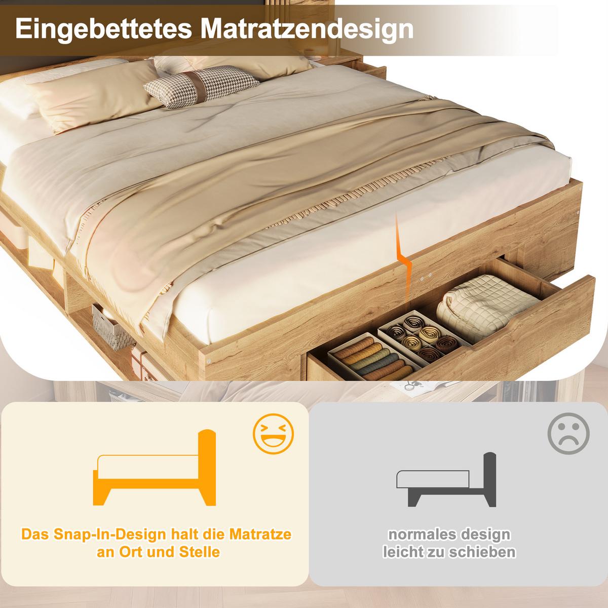 BETT in naturfarbe mit pu-kopfteil, mit stauraum und leselampen - Naturfarben, Holzwerkstoff (180/200cm) - Urban Meuble