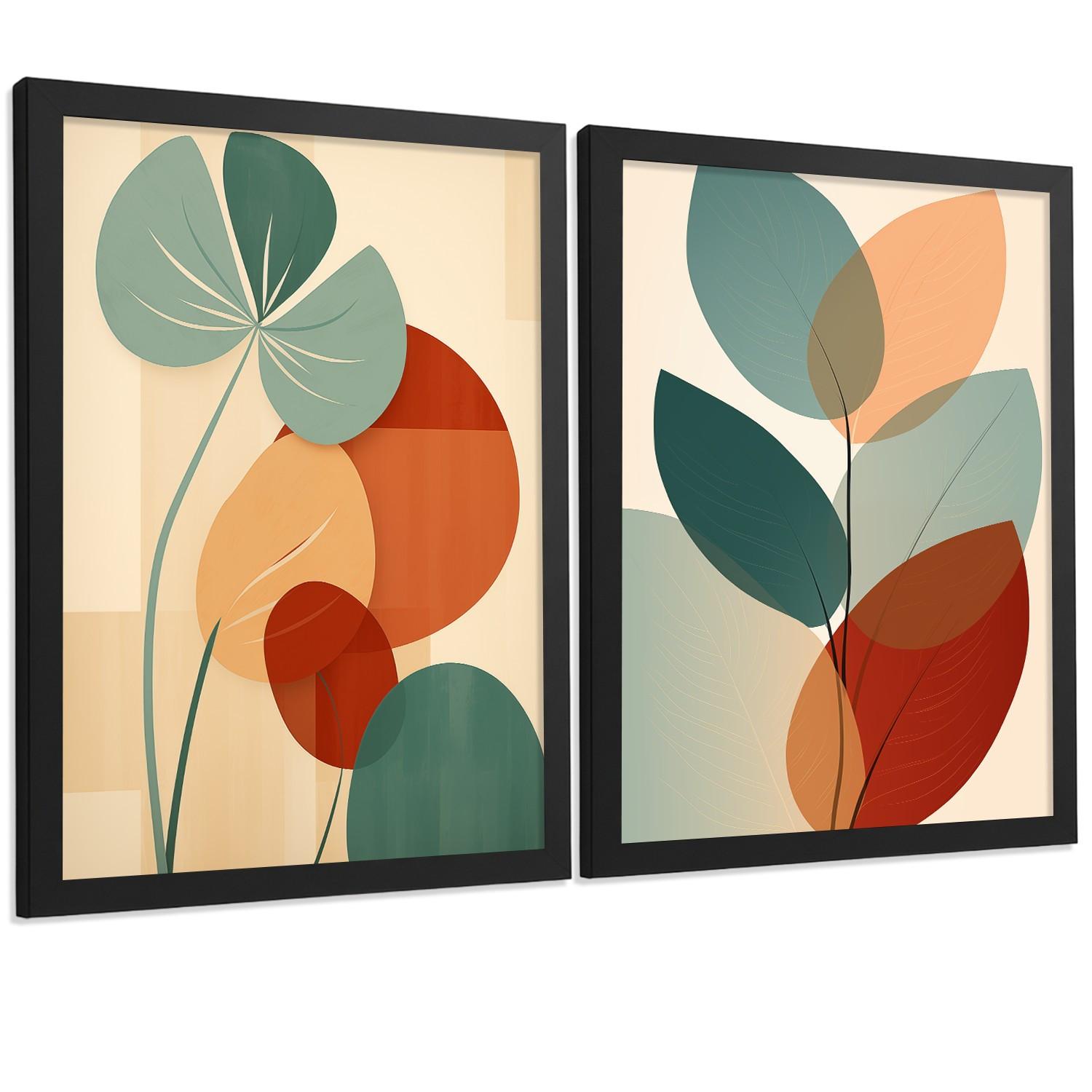 POSTER 2er-Set Wandbilder Blätter Pflanzen modern Wohnzimmer Deko, Schlafzimmer, Küche, Badezimmer Schwarzer Rahmen A4 - Schwarz, Papier (29.7/1/21cm) - Nacnic