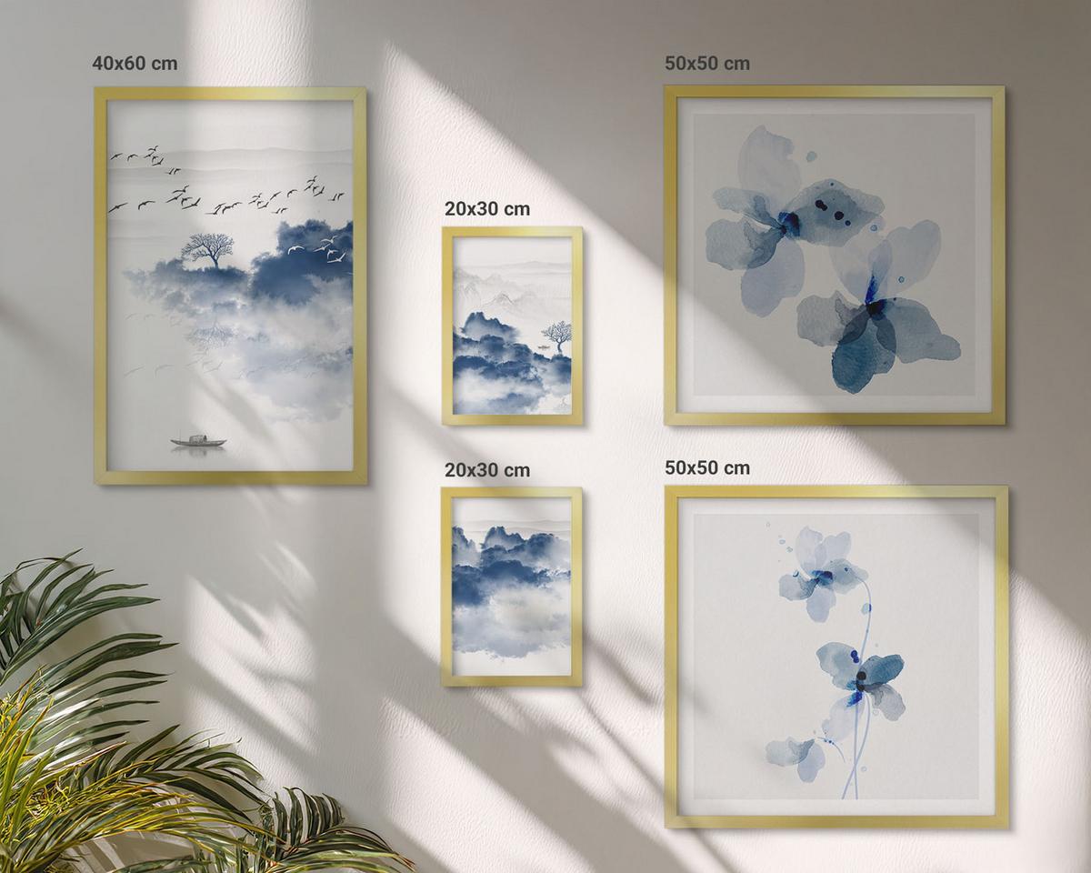 BILDER SET 5er Set - 50x50 cm & 20x30 cm & 40x60 cm Goldrahmen - Berge, Wolken, Bäume, Vögel im Hintergrund - Goldfarben, Kunststoff (40/60cm) - TULUP