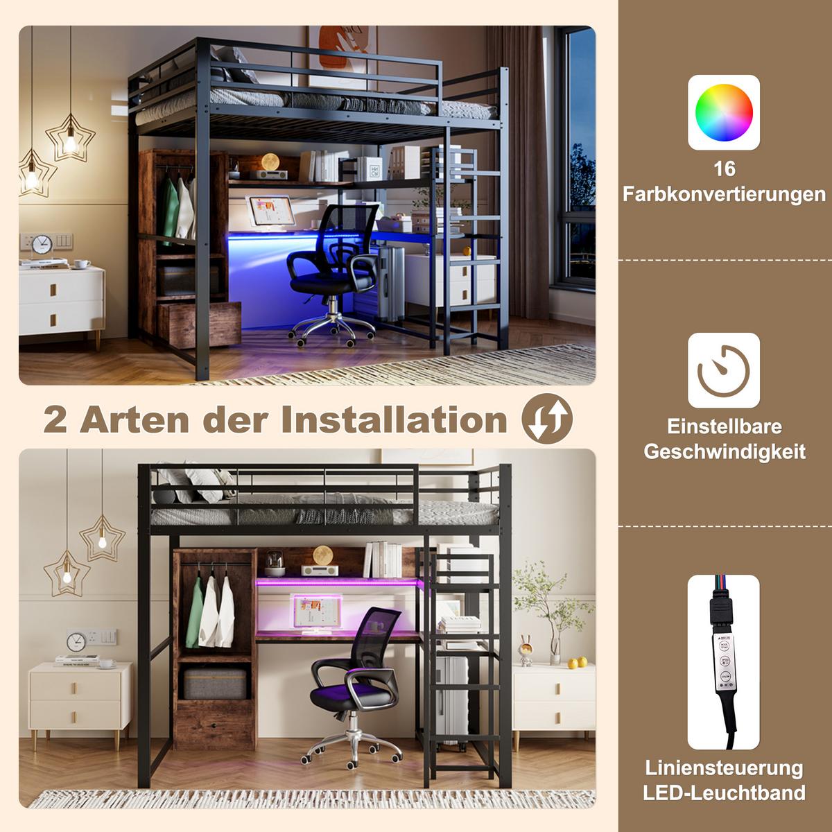 HOCHBETT metall schwarz 140x200cm mit schreibtisch led - Schwarz, Holzwerkstoff (140/200cm) - Urban Meuble