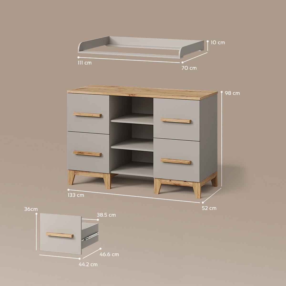 WICKELKOMMODE Mailo Cashmere/Artisan XL mit 4 Schubladen - Kaschmir/Eiche Artisan, Holzwerkstoff (133/108/70cm) - Livinity®